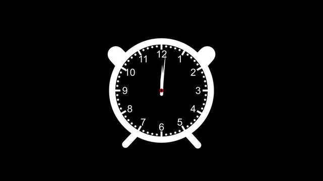 Minimalist alarm clock animation showing midnight or noon twelve o'clock on black background.video..