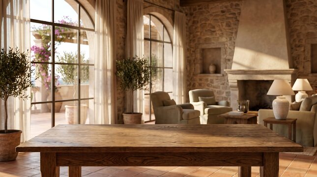 Empty Rustic Wooden Table Top in Mediterranean Villa Living Room with Stone Walls and Arched Windows Product Mockup