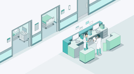 Obraz premium Isometric hospital hallway illustration with doctors at nursing station medical facility design element