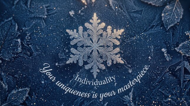 Elegant snowflake with inspirational quote "Individuality is your masterpiece" on frosty blue background