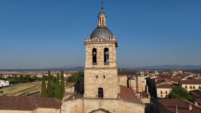 A drone&rsquo;s-eye view of the cathedral in Ciudad Rodrigo, Salamanca, Castile and Le&oacute;n, bathed in the golden light of morning