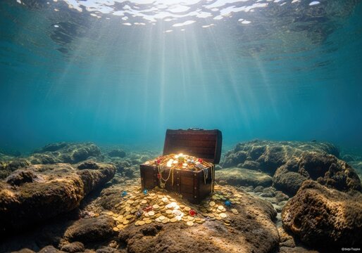 Sunlight Beams Illuminate Underwater Treasure Chest Overflowing with Gold Coins.