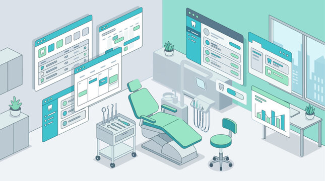 Isometric dental clinic interior with digital patient records and medical dashboard interface in soft green color palette for healthcare web design and medical software presentation