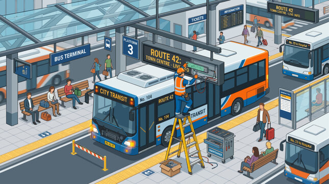 Isometric bus terminal station with maintenance worker fixing electronic sign and commuters waiting for transport in a modern city transit hub illustration
