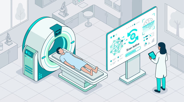 Isometric medical scan with doctor and patient in laboratory setting featuring digital brain imaging and diagnostic technology in blue and white color palette