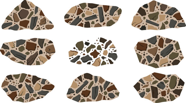 Abstract rock shapes and boulder stones vector illustration element set featuring earthy terrazzo mosaic texture isolated on solid white background for landscape design.