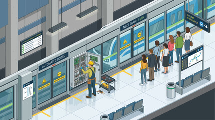 Obraz premium Isometric subway station maintenance scene with technician repairing automated door control panel while commuters wait for train platform vector illustration
