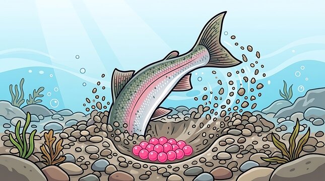 Fish laying eggs in river gravel