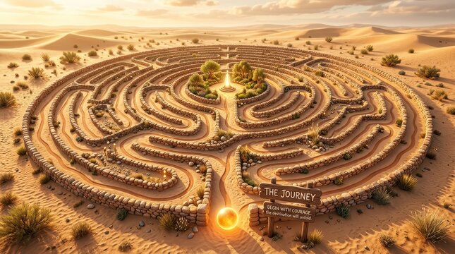 Expansive desert maze with stone walls under a warm, golden sunset, symbolizing a challenging journey and pathfinding