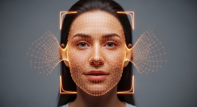 Facial Recognition Technology: Woman's face scanned with a digital wireframe grid and biometric data points for security and identification