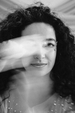 Woman with motion blur effect across her face