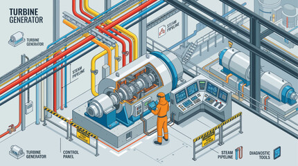 Obraz premium Isometric turbine generator power plant interior with technician operating control panel and steam pipeline infrastructure in industrial facility for engineering and energy production design projects