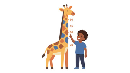 Naklejka premium Boy Standing Against Colorful Giraffe Height Chart in Clinic
