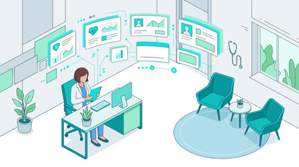 Naklejka premium Isometric medical office interior with doctor using digital health records and data analytics for clinical healthcare management