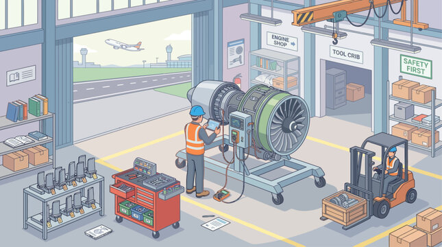 Isometric aircraft engine maintenance hangar with mechanics working on jet turbine repair in aviation workshop facility for industrial engineering and aerospace technology presentation