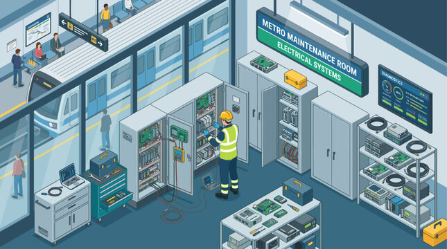 Isometric subway metro maintenance room with technician repairing electrical systems and train station platform background for industrial digital infrastructure concept