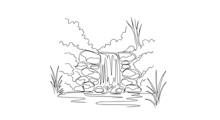 Simple Line Art Waterfall Illustration with Rocks and Foliage © Tata