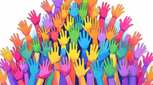 Crowd of diverse colorful hands raised up high in unity and team spirit concept.