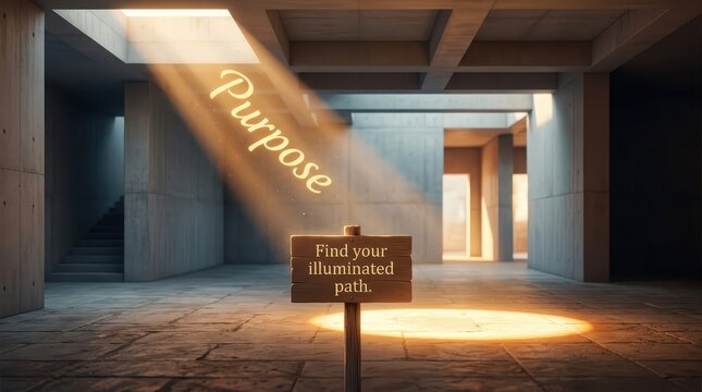Finding your illuminated path and purpose in a metaphorical architectural space with directional light beams, representing enlightenment and guidance.