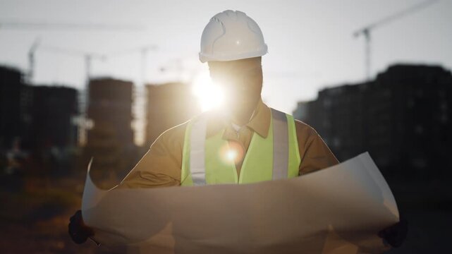 Portrait of professional engineer examining paper drawing, audit and inspection. Black builder with hard hat thinking about work in construction site, safety and protection, architect control project