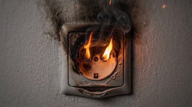 Photorealistic European Type F Schuko outlet on fire. Flames emerge from the center pin holes while black smoke rolls up the white wall.