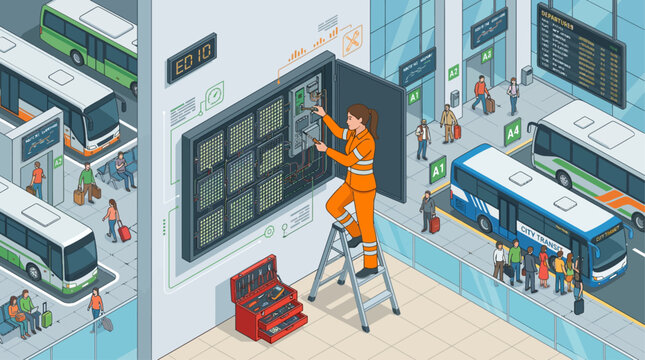 Isometric technician repairing digital display board at busy bus terminal station with passengers and public transport vehicles