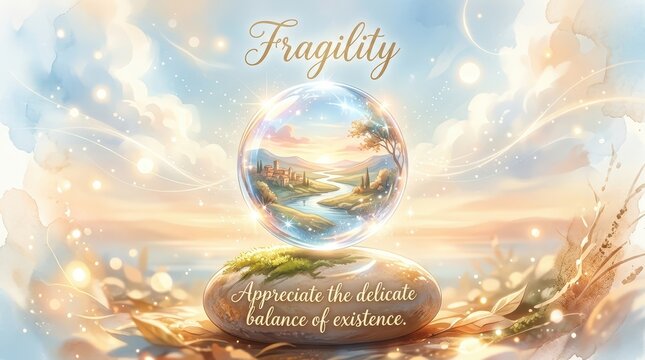 Fragility: Sphere reflecting idyllic landscape balanced on stone, symbolizing delicate existence and life's balance