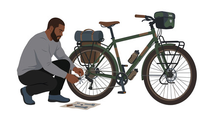 African American Male Fixing Chain on Green Touring Bike