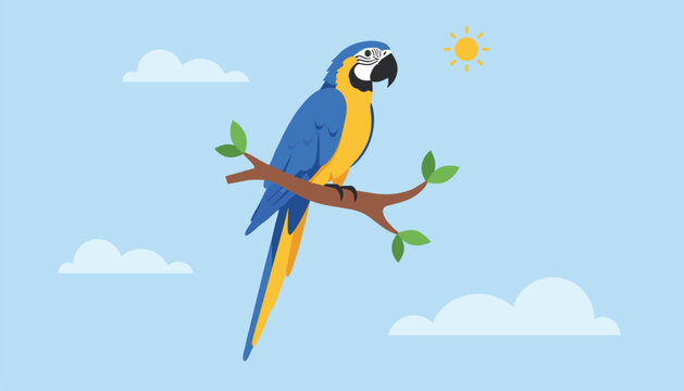 Beautiful blue and yellow macaw parrot perched on a tree branch against a sunny blue sky with clouds, vector cartoon.
