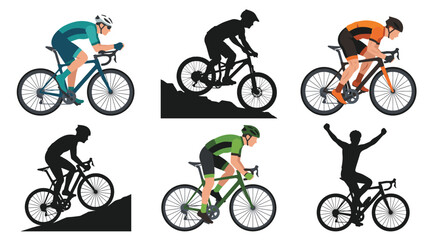 Obraz premium Set of vector collection featuring different cyclist action poses, road cycling, mountain biking, sprint cycling, climbing uphill, standing on pedals, celebrating finish line