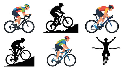 Obraz premium Set of vector collection featuring different cyclist action poses, road cycling, mountain biking, sprint cycling, climbing uphill, standing on pedals, celebrating finish line