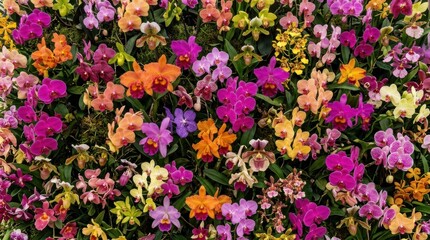 Fototapeta premium Colorful Mixed Orchid Flowers Blooming Vibrantly Outdoors.