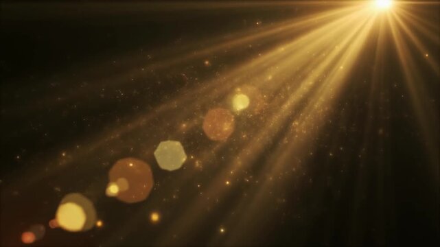 Ultra realistic cinematic sunbeam overlay with warm volumetric light shafts and illuminated dust particles, creating a premium seamless video overlay with atmospheric depth and golden haze.