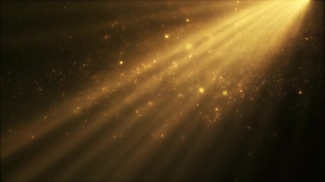 Ultra realistic cinematic sunbeam overlay with warm volumetric light shafts and illuminated dust particles, creating a premium seamless video overlay with atmospheric depth and golden haze.
