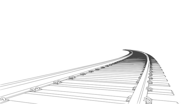 Train tracks curving into white space, perspective drawing, journey and future concept