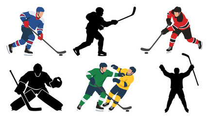 Set of vector collection featuring different hockey player action poses, skating with hockey stick, shooting puck, slap shot, defending goal, checking opponent, celebrating goal © mehdik