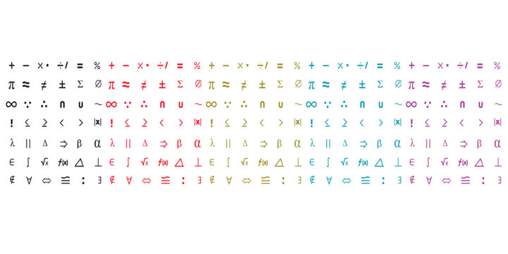 Mathematical Symbols, linear style icon set. Arithmetic and algebraic notation. Calculations and equations. Editable stroke width.