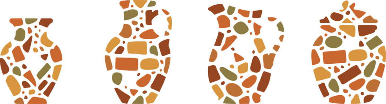 Ceramic pottery vases and jugs vector illustration set filled with abstract mosaic terracotta stone chips isolated on a solid white background.