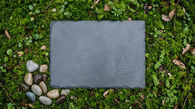 Dark gray slate stone tablet placed on lush green mossy ground surrounded by small smooth pebbles and scattered leaves in a natural forest setting