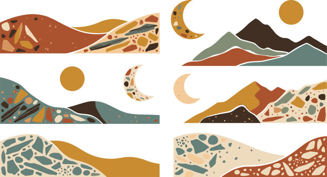Boho abstract landscape banner vector illustration set featuring minimalist mountains hills sun moons and terrazzo textured stone fields isolated on white background.
