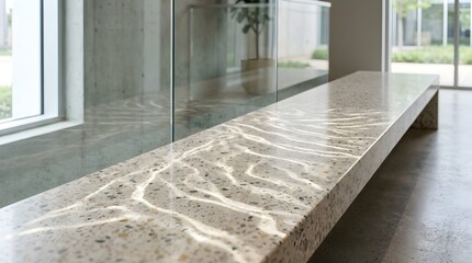 Fototapeta premium Modern interior with polished speckled marble countertop reflecting light glass railing and concrete walls in contemporary building lobby with outdoor view