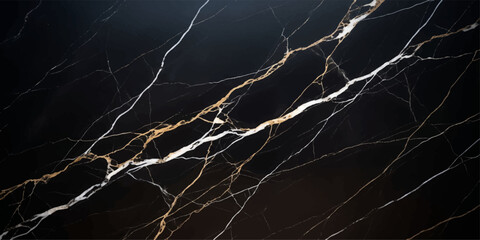 A dramatic black marble surface with striking white and gold veins, creating a luxurious and sophisticated abstract pattern. © Mr Monster