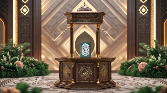 Islamic podium with Quran book in ornate mosque interior, elegant wooden minbar with gold accents, religious celebration background with floral decor
