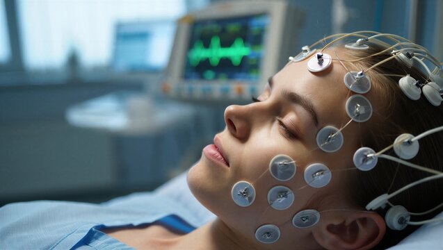 A patient lies peacefully with electrodes attached to her head for an EEG test in a clinical setting. Neurological examination and monitoring.