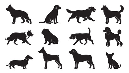 Highly detailed dog breeds silhouette vector collection showcasing popular domestic canines in diverse stances. © Art Corner
