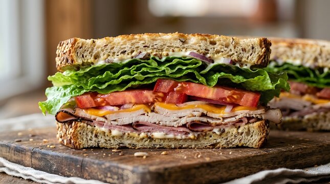 Fresh gourmet sandwich with turkey bacon lettuce tomato on rustic wooden board perfect for National Sandwich Month