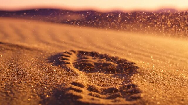 Footprint in Desert Sand Covered by Blowing Sand at Sunset 4K Video