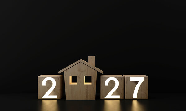 Wooden house model arranged between illuminated 2027 number blocks, representing home insurance, property protection, mortgage planning and future financial security. 3d rendering