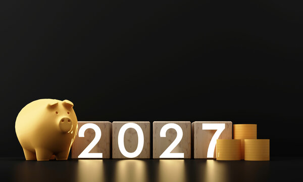 Golden piggy bank beside illuminated 2027 wooden blocks and stacked coins symbolizes saving, investment, wealth growth and financial planning for the new year. 3d rendering