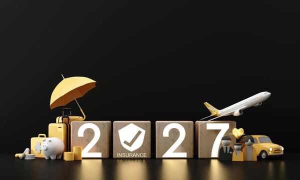 Travel, health, family, home and car insurance symbols arranged around illuminated 2027 wooden blocks, representing comprehensive protection and financial security. 3d rendering